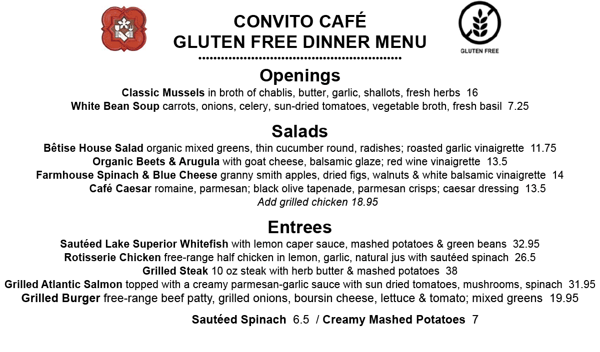 Convito Gluten Free Dinner Menu