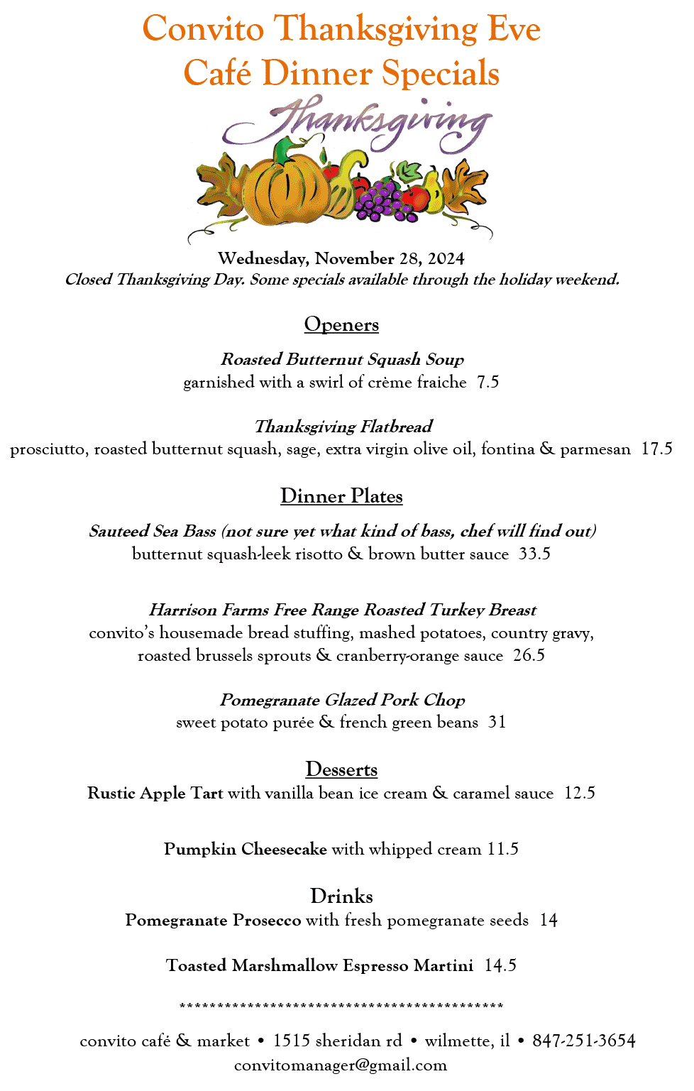 Convito Thanksgiving Eve Cafe Specials 2024