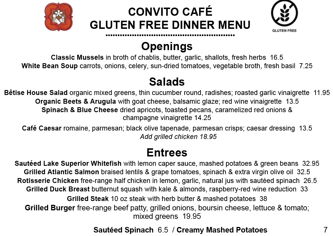 Convito Glutten Free Diner Menu