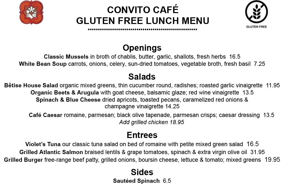 Convito Glutten Free Lunch Menu